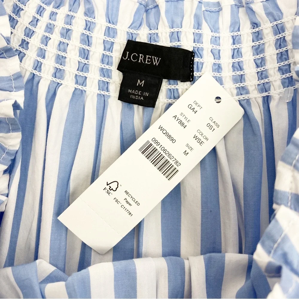 J. Crew Smocked Puff Sleeve Cotton Poplin Dress: Blue White Stripe Nautical - Picture 12 of 14